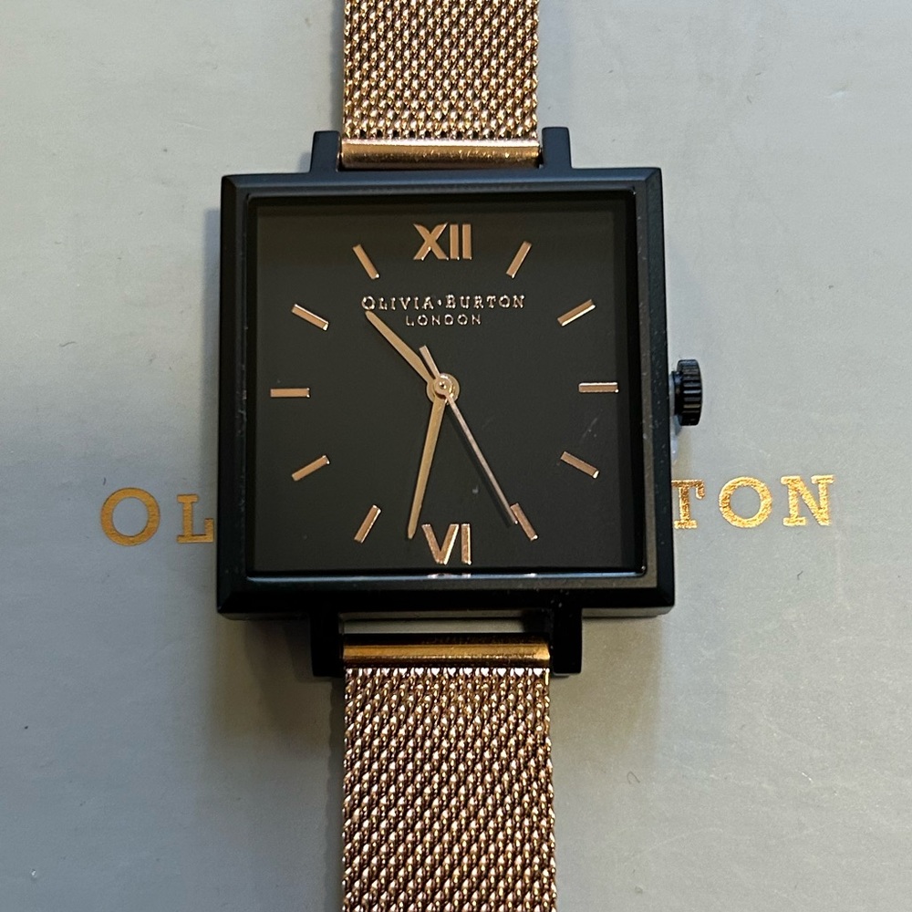 Olivia Burton Watch With 30mm Square Black Face & RoseGold Mesh Breclet